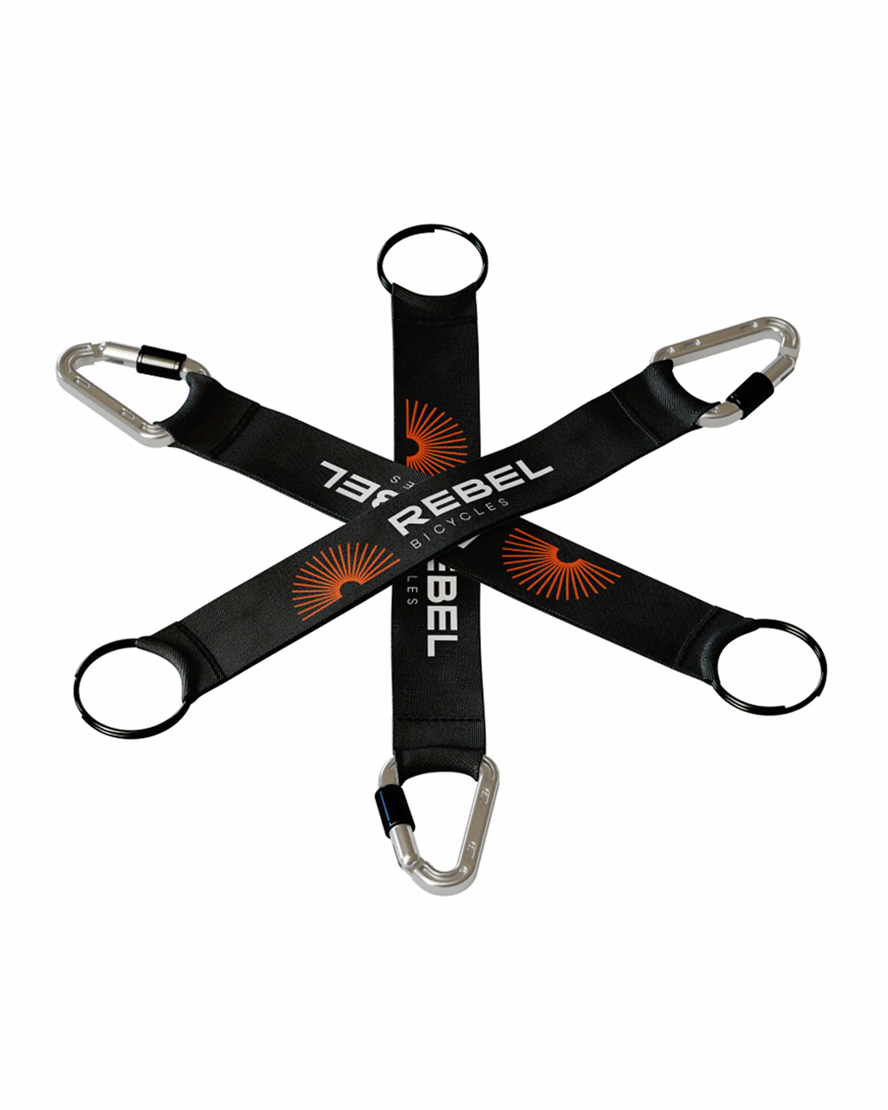 Карабін з чорним ланцюжком на якому зображено логотип Rebel Bicycles.