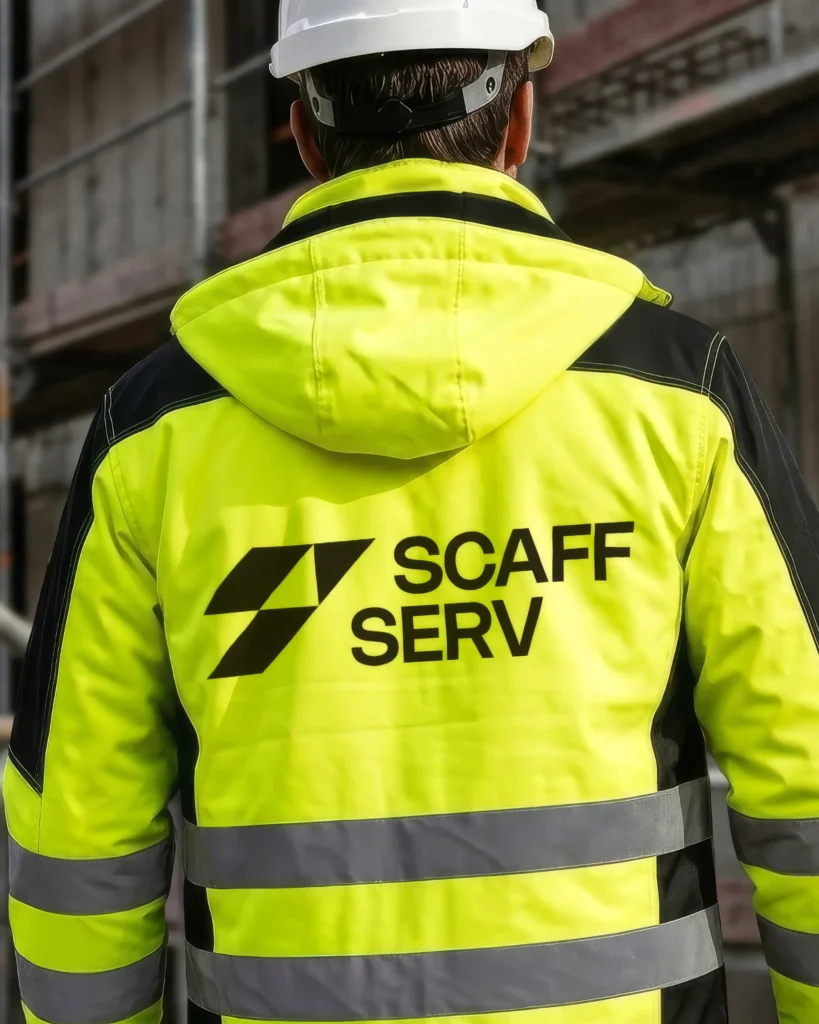 Будівельник у білій касці і фірмовій куртці Scaff Serv на фоні будівництва.
